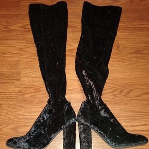 Black Thigh High Velvet Heeled Boots